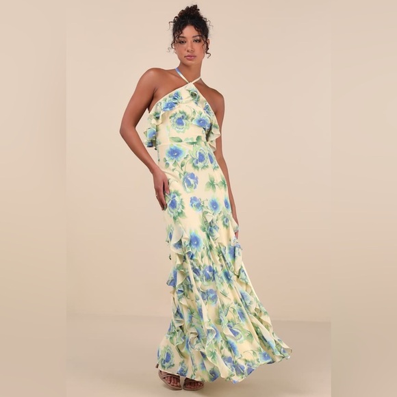 LULU’S Casey Yellow Floral Halter Ruffled Maxi Dress - Picture 4 of 5